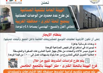التنمية الصناعية تطرح عدد من الوحدات الصناعية كاملة التجهيزات بمجمع المحلة الكبرى الخرسانى بالغربية