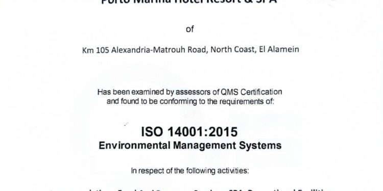 فندق بورتو مارينا يحصد شهادتي ISO 22000 وISO 14000